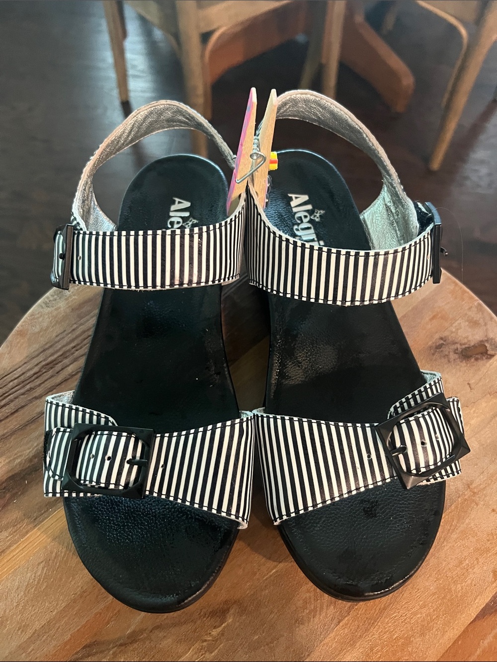 Alegria Black and White Striped Sandals